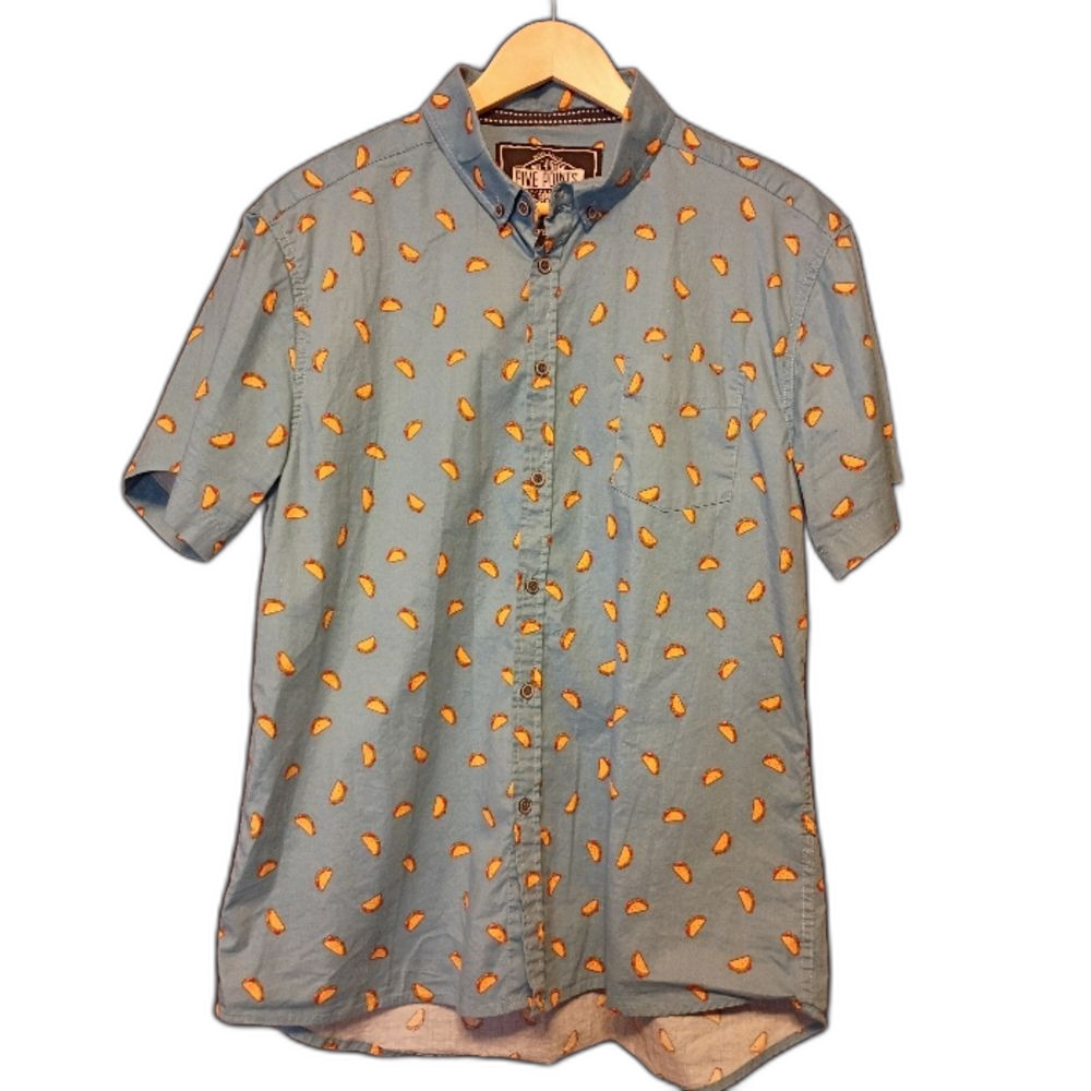 🌮 Five Points Taco Print Button Down Shirt Large Slim Fit Flex Short Sleeve 🌮